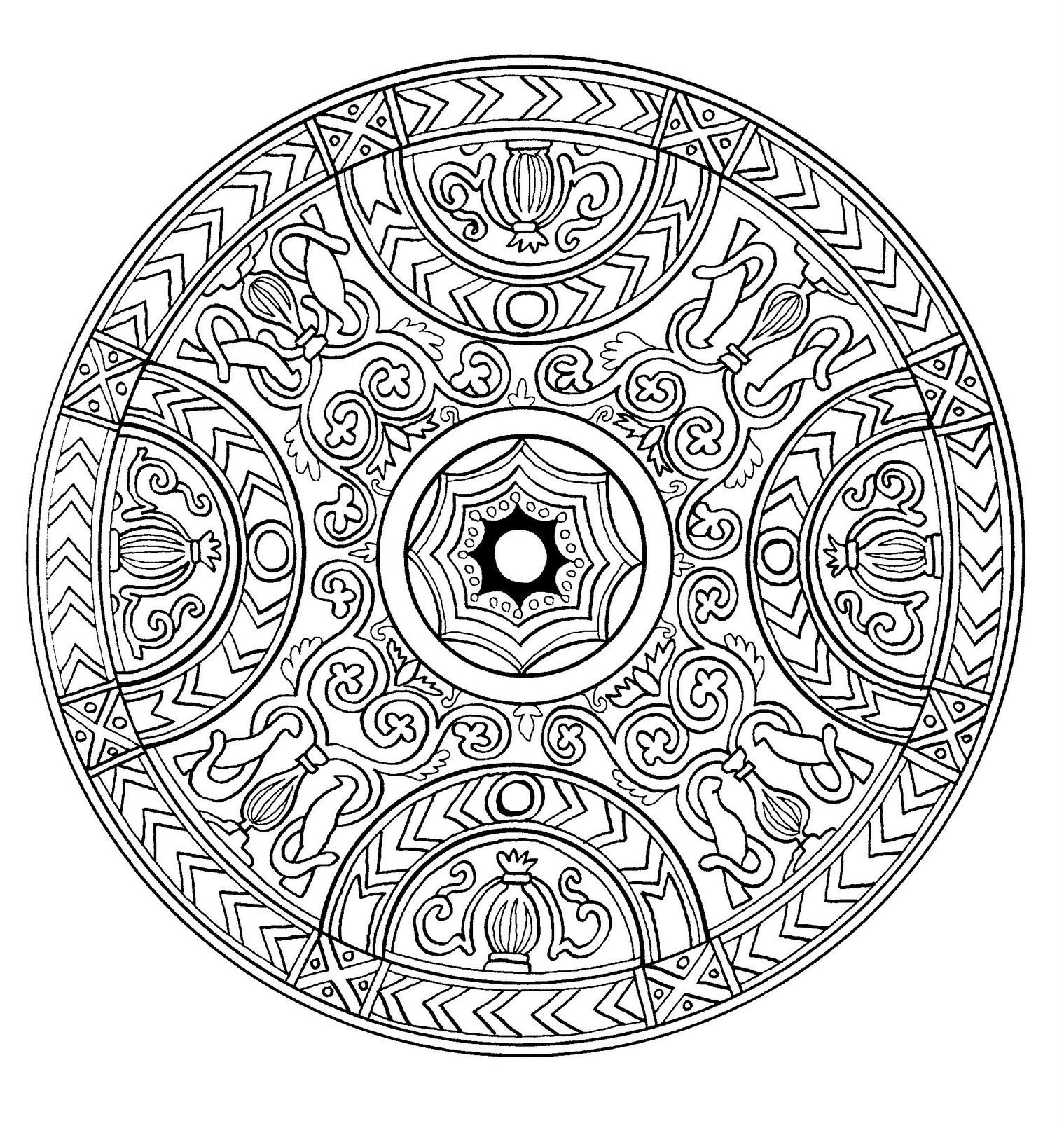 Coloriage mandala assez antique avec plusieurs détails et formes. Assez compliqué à colorier.